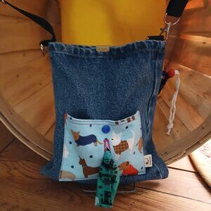 DENIM DOGGY WALKING, WATER BOTTLE, DOGGY POOP BAGS, WITH TREAT HOLDER